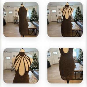 Riaziee Boutique Bronze Pure Silk Formal Beaded Mini Dress Size 4